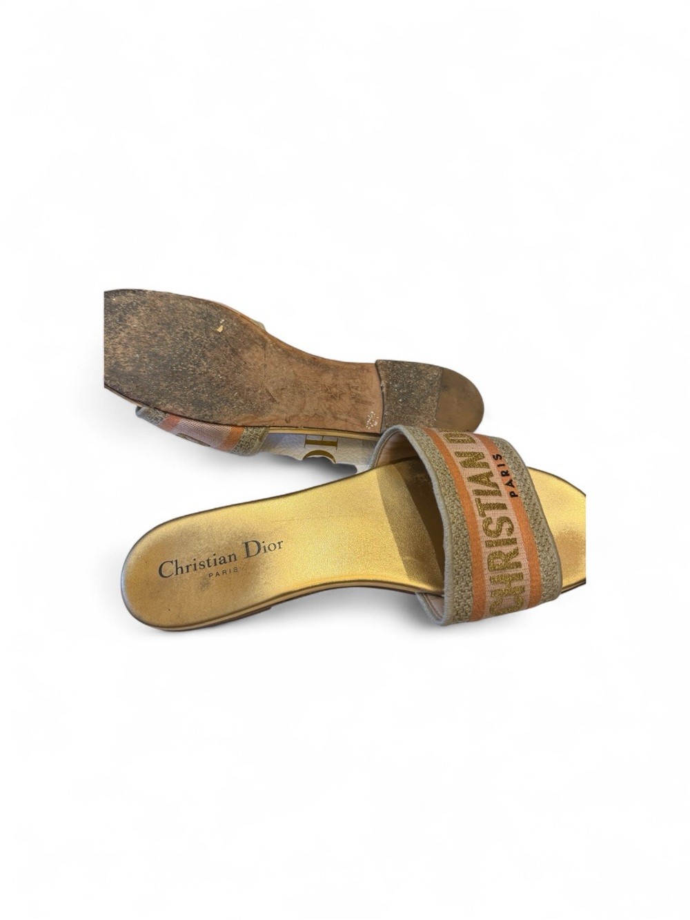 Dior Gold Slide Sandals with Beige and Coral Canvas Straps - Picture 2 of 2